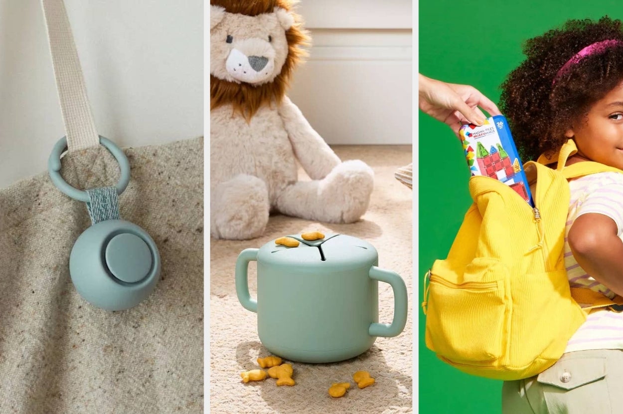 Three-panel image: A blue circular bag charm, a blue snack container with handles and crackers, and a child putting snacks in a yellow backpack