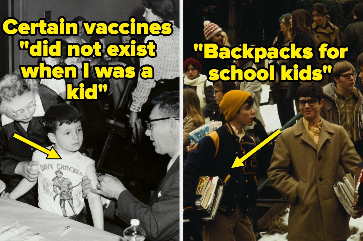 Split image: Left shows a boy getting a vaccine; Right shows a kid with a 1960s backpack. Text: "Certain vaccines 'did not exist when I was a kid.' 'Backpacks for school kids.'"
