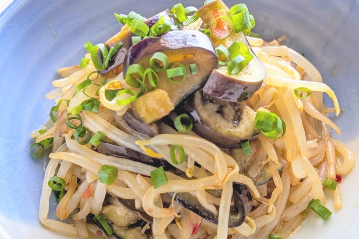 器に盛られたナスとモヤシの炒め物、刻んだネギがトッピング。