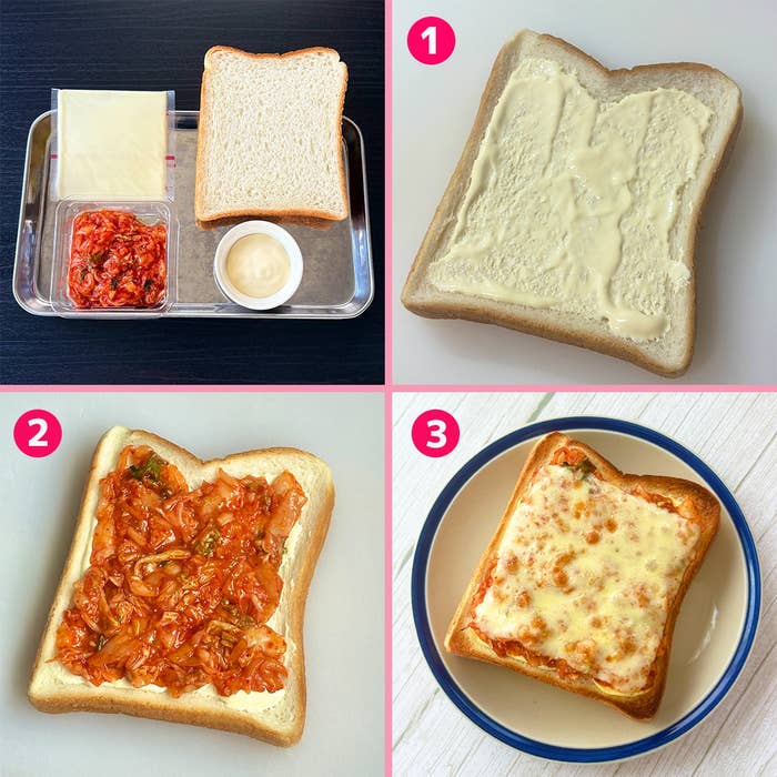 キムチとチーズのトーストを作る工程。パンにマヨネーズ、キムチ、チーズを順番にのせ、トーストして完成。