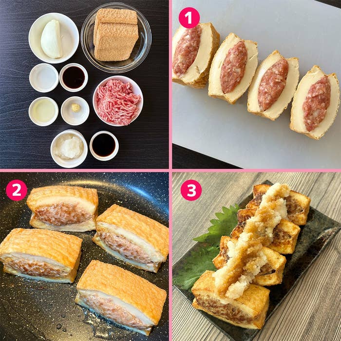 調理プロセスの画像。1枚目は材料、2枚目は焼いている途中、3枚目は完成した料理が皿に盛られている。