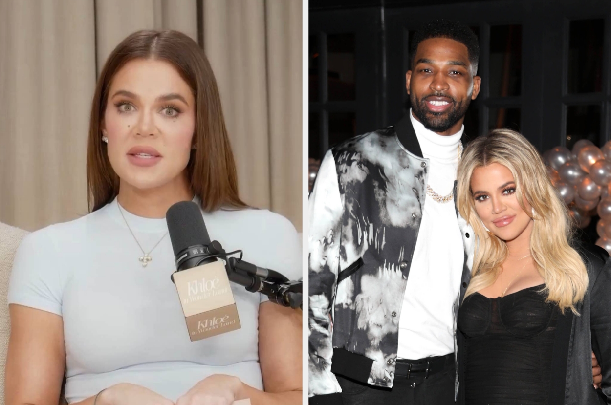 Left: Khloé Kardashian speaking on a podcast. Right: Khloé with Tristan Thompson at an event