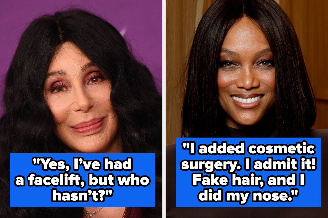 On the left, a person with long black hair next to a quote about a facelift; on the right, another person with straight hair and a quote about cosmetic surgery