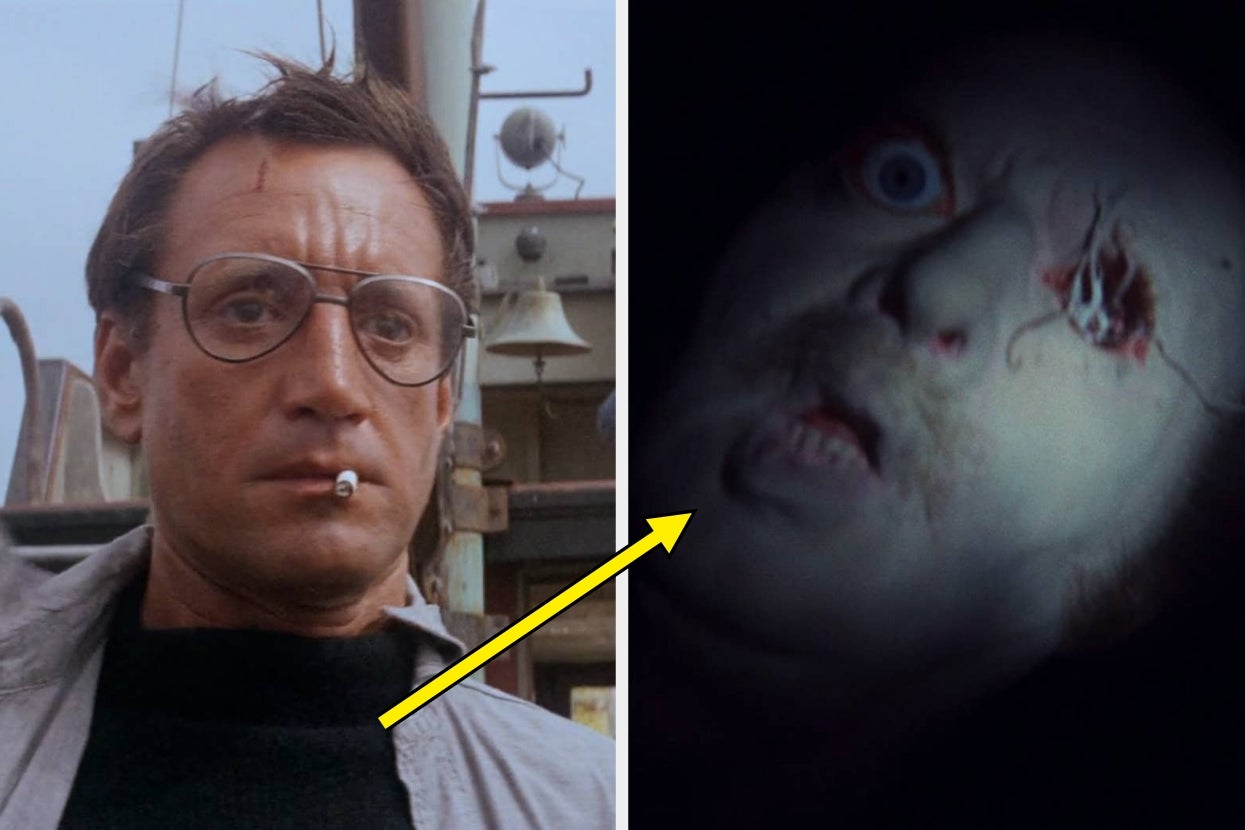 Split image: Left shows a worried person smoking; right shows a creepy doll face with damaged features, illuminated in the dark