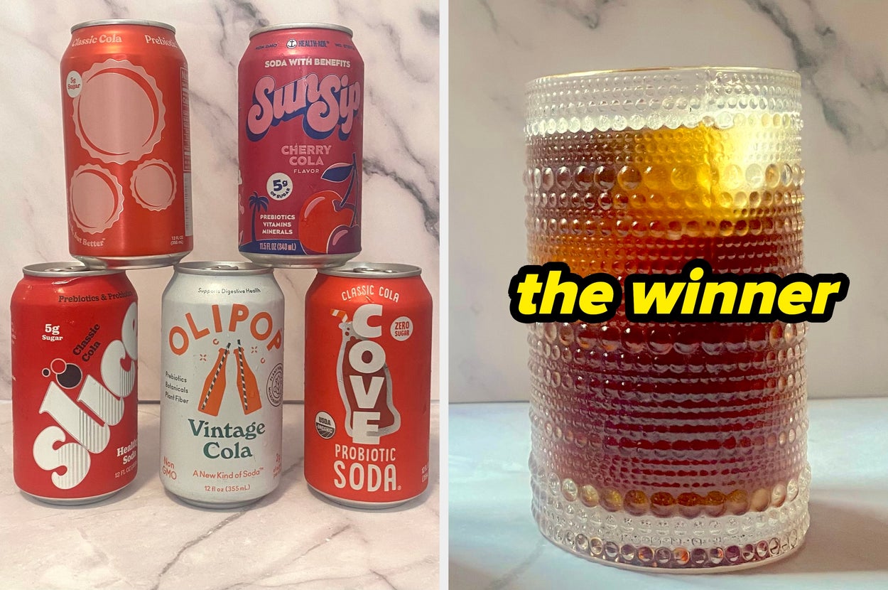 Five soda cans stacked, including brands like Sunpop and Olipop. Next to them, a textured glass filled with a dark beverage labeled "the winner."