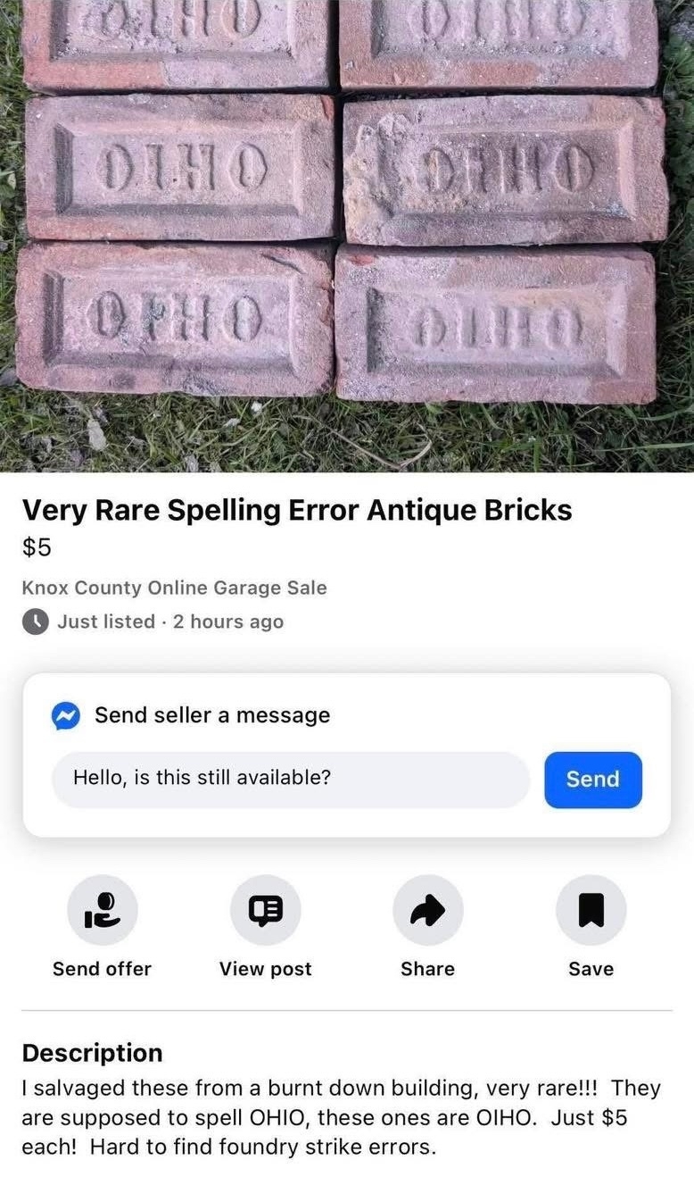 Image showing bricks labeled "OIHO" instead of "OHIO," listed for sale as rare collectibles with spelling errors