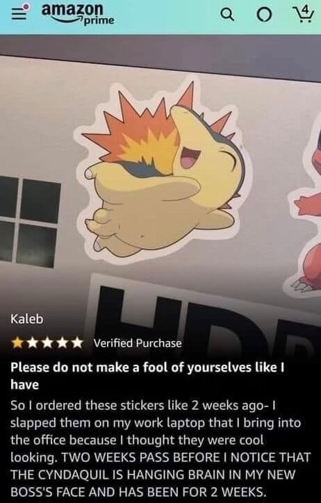Humorous review showing a sticker of a Pokémon attached to a work laptop, with the reviewer realizing it resembles their new boss