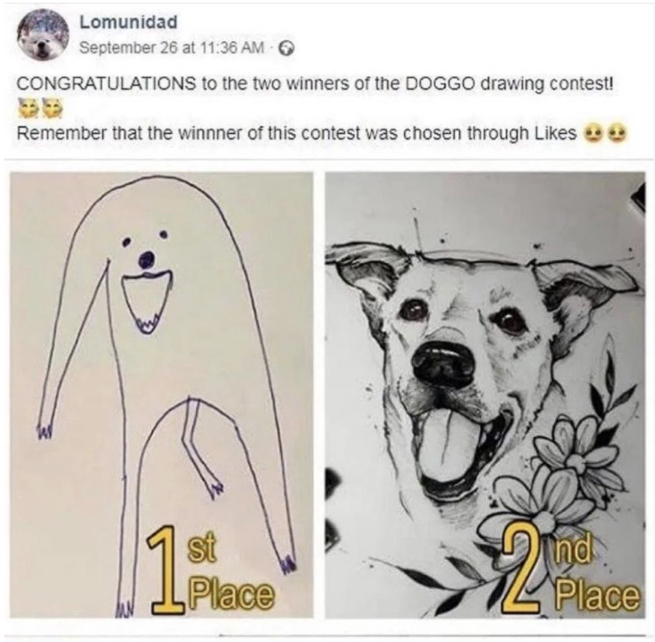 Two dog drawings are shown as winners of a contest. The first drawing is simple and abstract (1st Place) and the second is detailed and realistic (2nd Place)