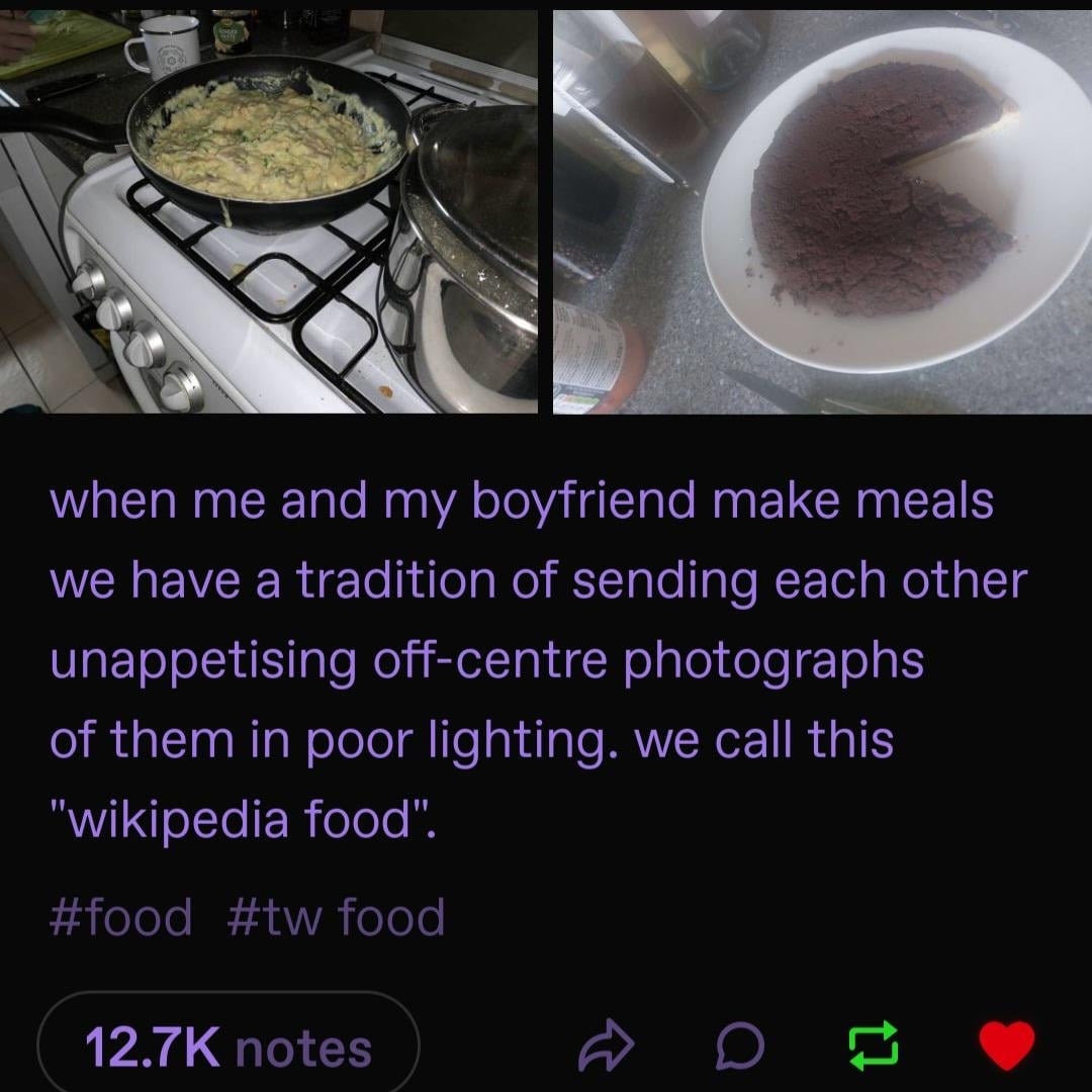 Two photos: Left shows a stove with a pan of pasta. Right shows a partially eaten chocolate cake. Caption humorously describes sharing unappealing food photos