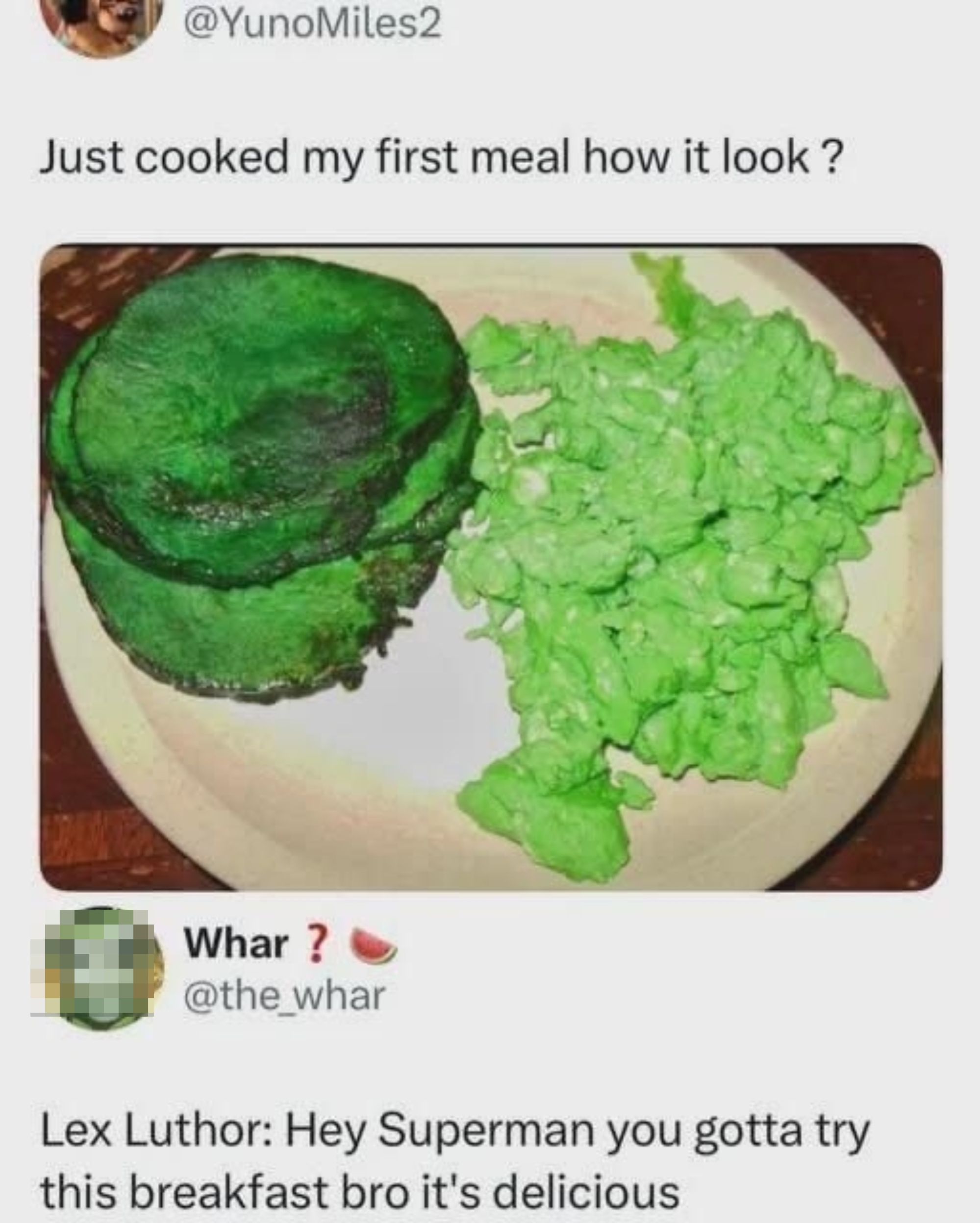A tweet with a photo showing a plate of green eggs and pancakes. User comments comparing the meal to something Lex Luthor would recommend to Superman
