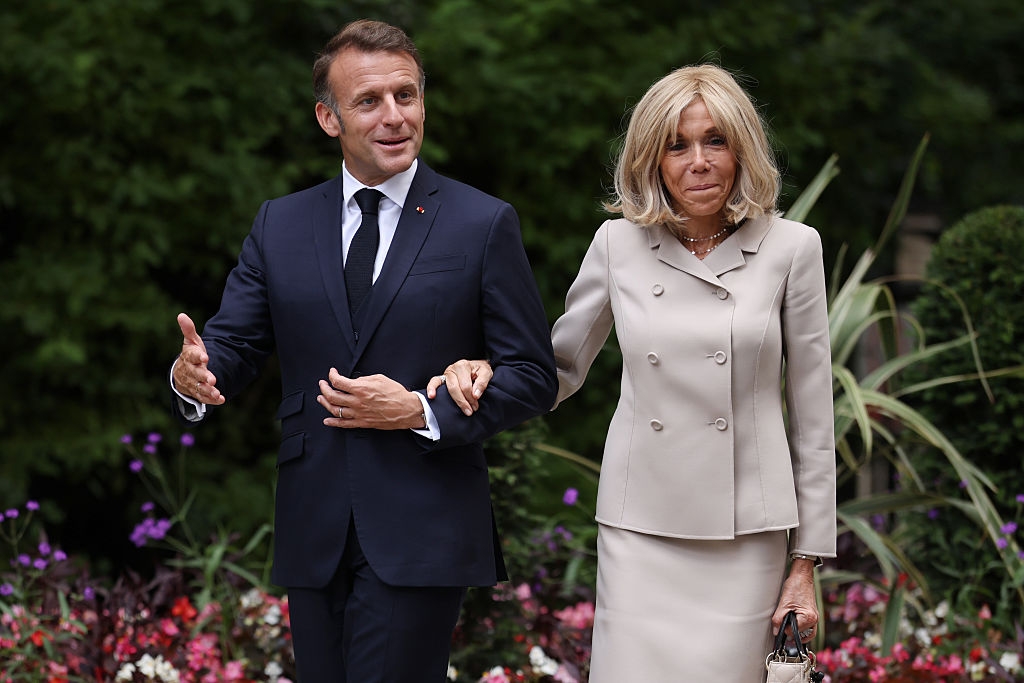 French President Emmanuel Macron and his wife Brigitte Macron arrive in Downing Street on July 9, 2025 in London, England.
