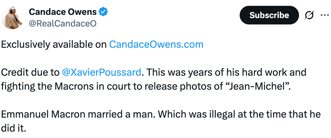 Tweet claiming Emmanuel Macron married a man, with credit to Xavier Poussard for court efforts to release photos of &quot;Jean-Michel&quot;