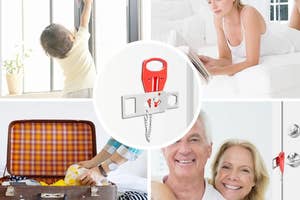 Collage of four images showing different uses for a red portable lock: childproofing, solo use, hotel stays, and for the elderly