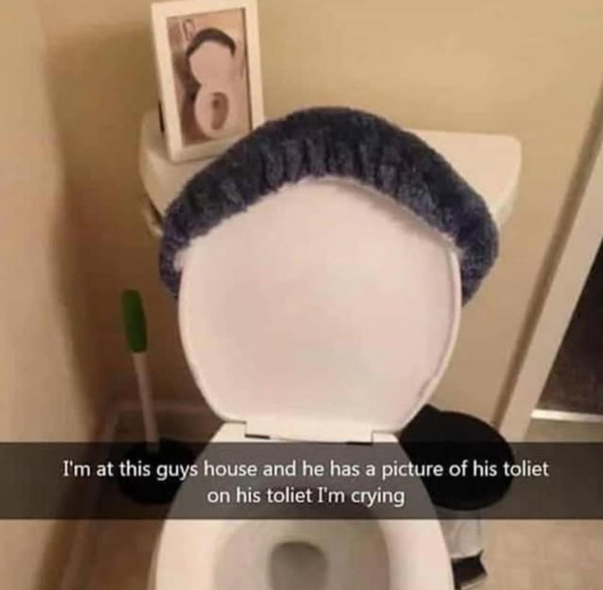 Toilet with plush seat cover, photo of the same toilet on the tank. Text: "I'm at this guy's house and he has a picture of his toilet on his toilet I'm crying."