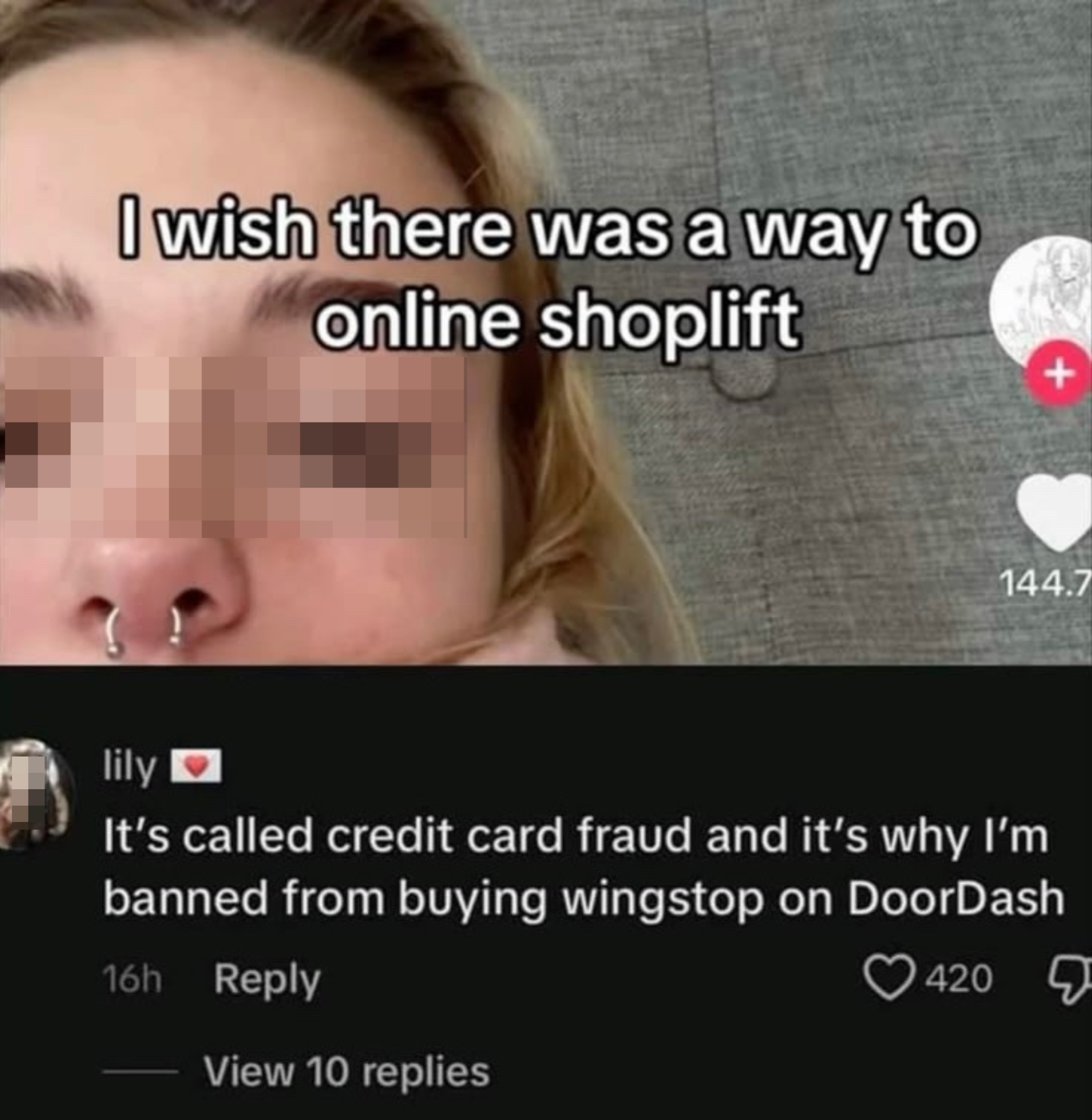 A TikTok video shows text: "I wish there was a way to online shoplift," with a comment stating it's credit card fraud resulting in a ban