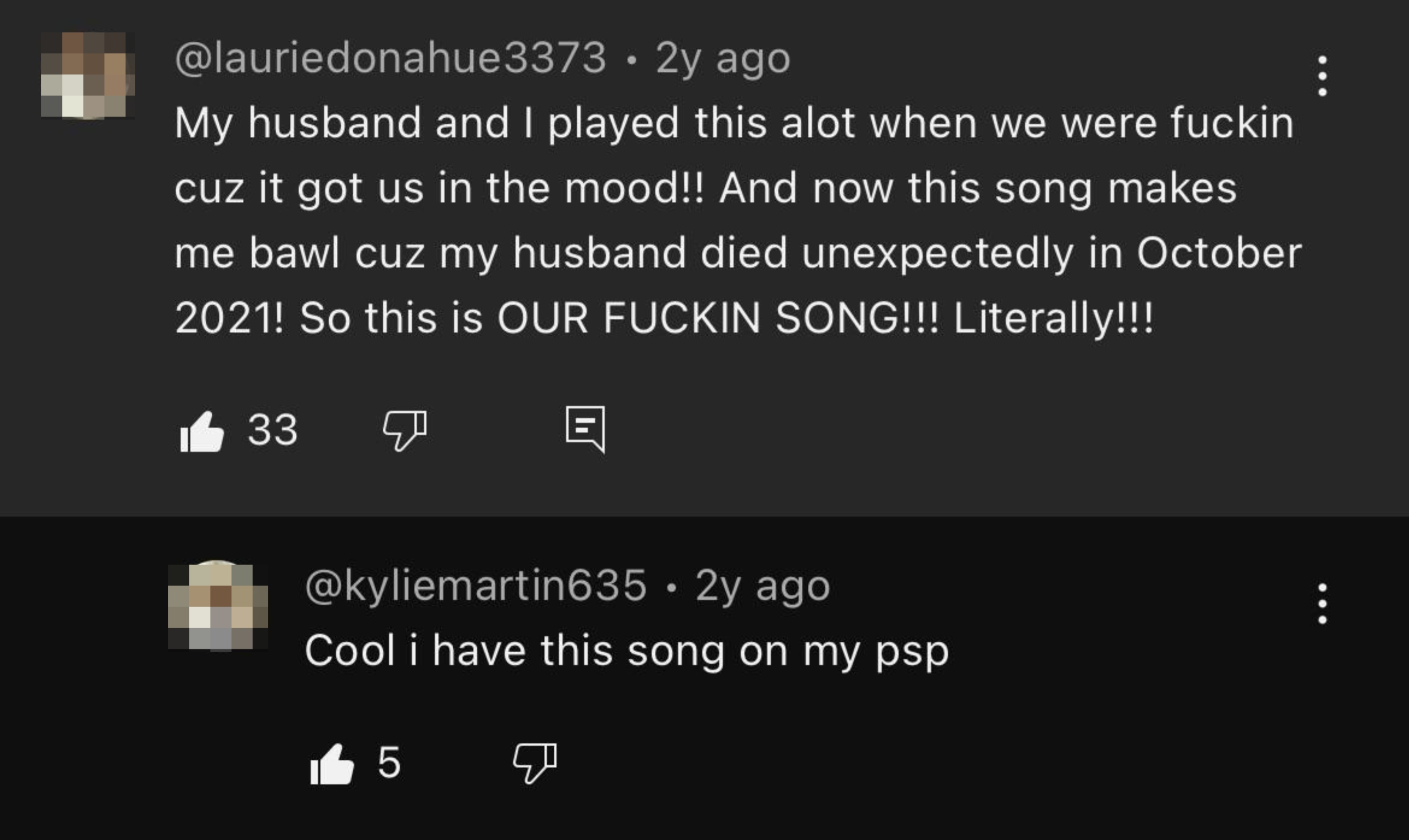 Top comment shares an emotional connection to a song shared with a late husband; another comment mentions playing the same song on PSP