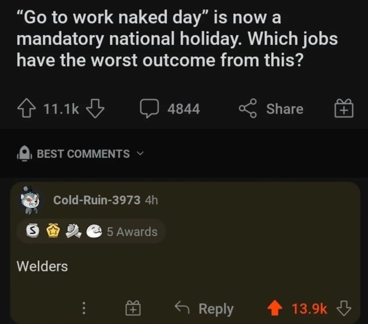 Social media post asks which jobs are worst for mandatory "Go to work naked day" holiday. Top comment humorously suggests welders