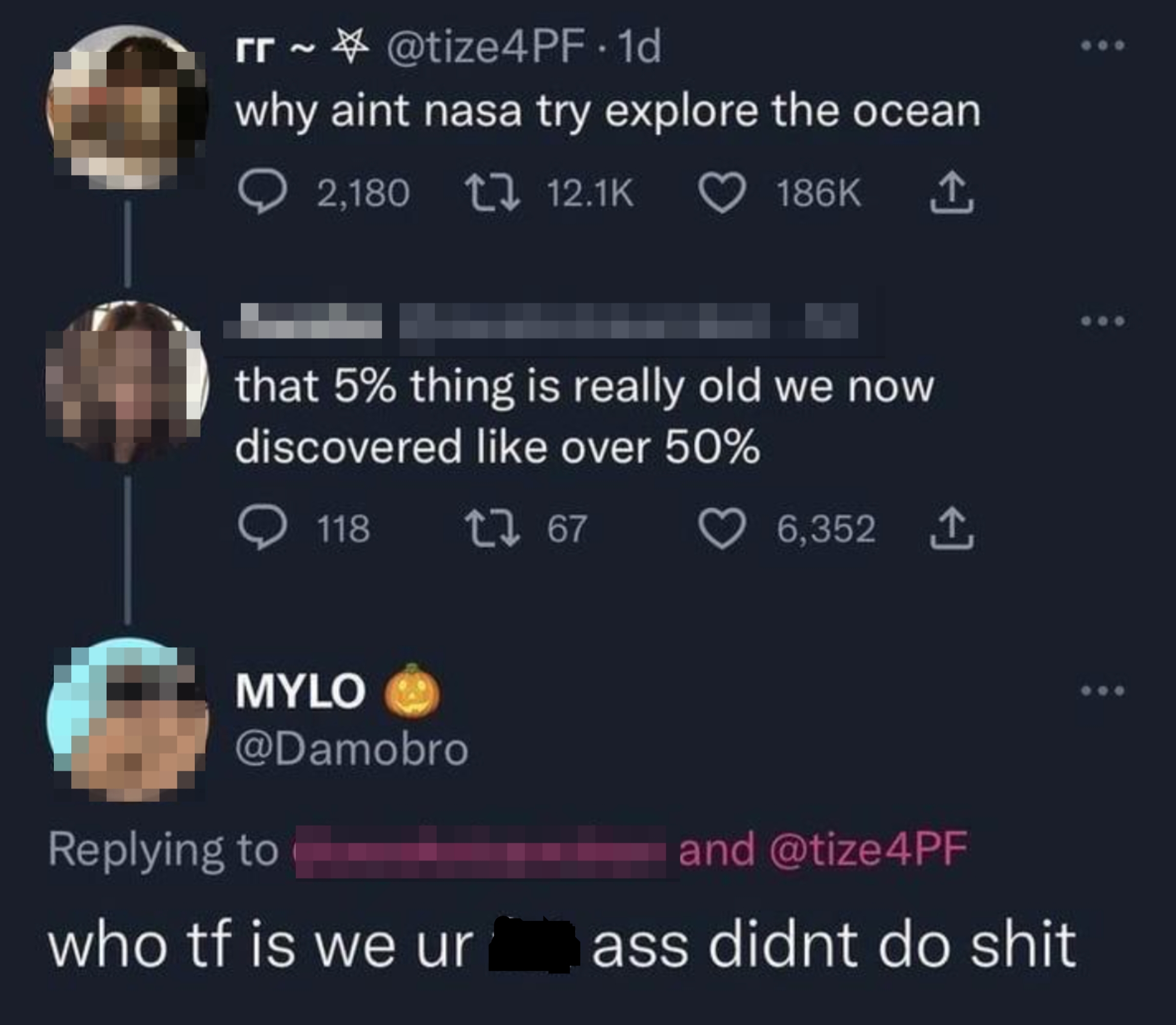 Screenshot of a humorous Twitter exchange about exploring the ocean, with a sarcastic reply