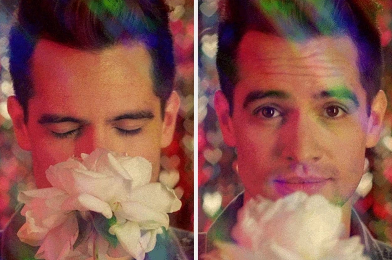 Person holding white flowers, eyes closed in left image, open in right image. Sparkling bokeh effect creates a dreamy atmosphere