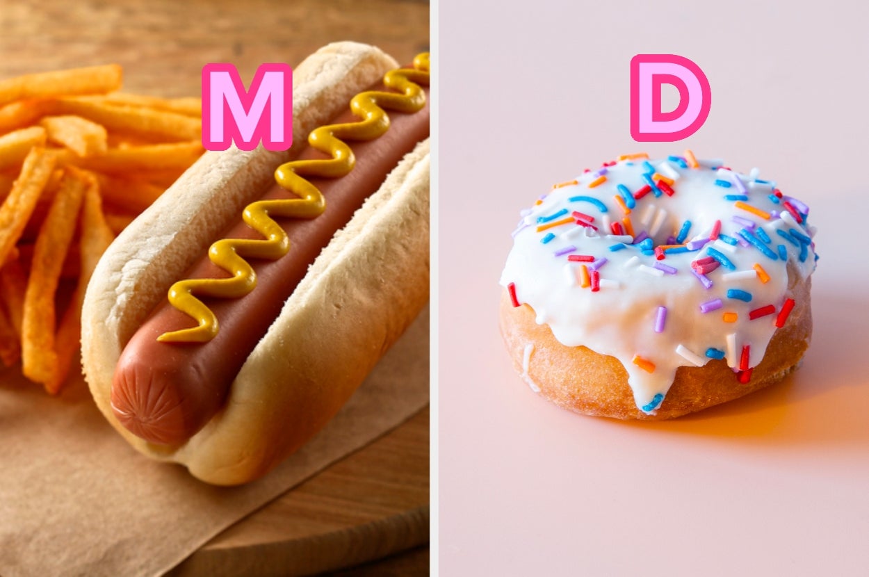 Hot dog with fries on the left, donut with sprinkles on the right, with letters "M" and "D" above them