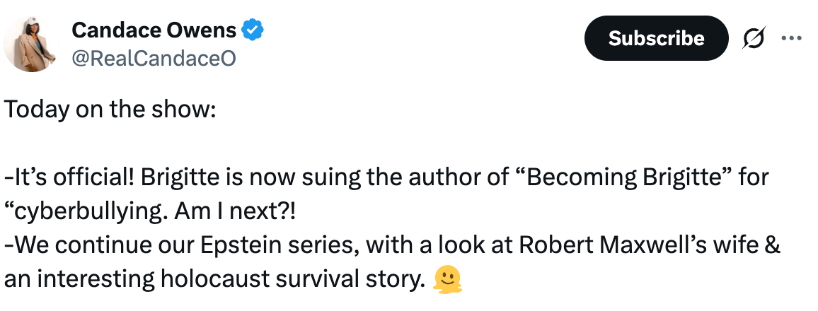 Social media post by Candace Owens discussing a lawsuit involving the author of &quot;Becoming Brigitte&quot; and topics for an upcoming show