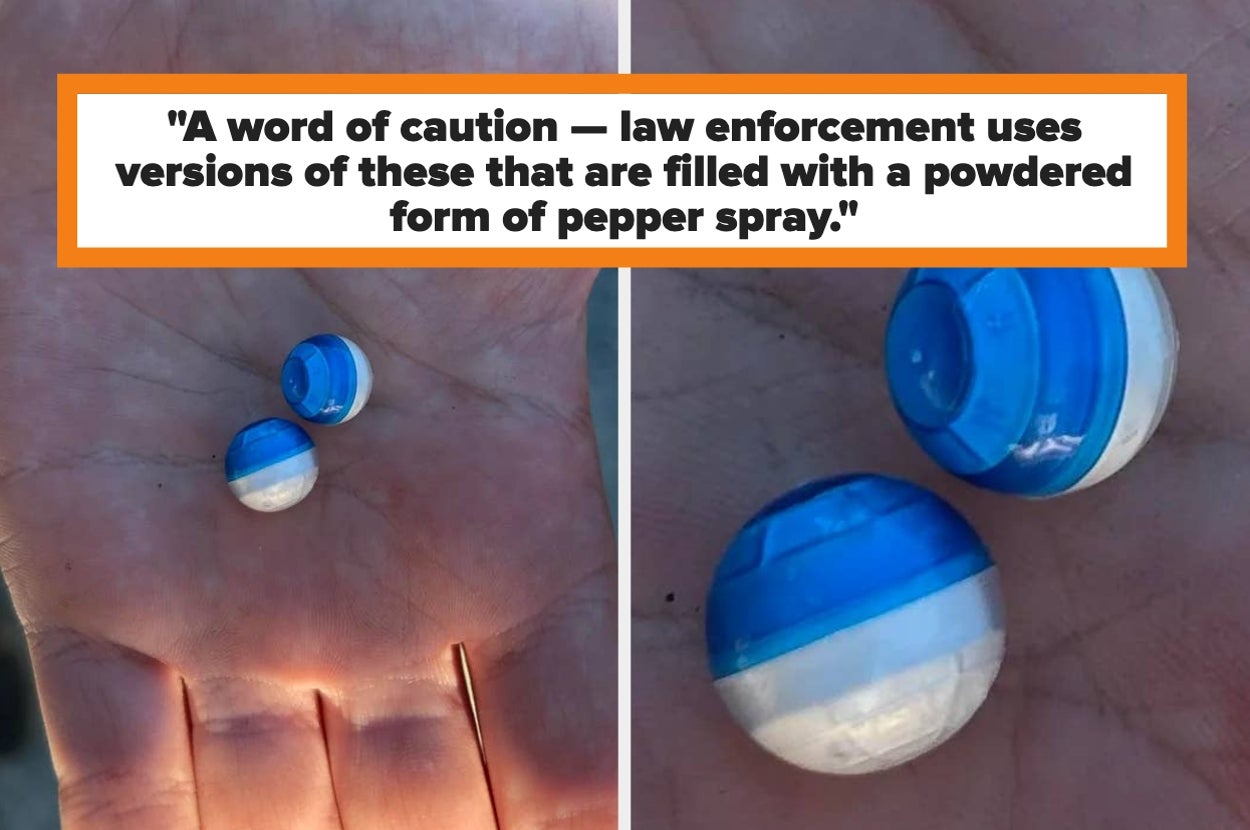Two photos of a hand holding blue and white round capsules, with a caution about similar capsules used by law enforcement containing pepper spray