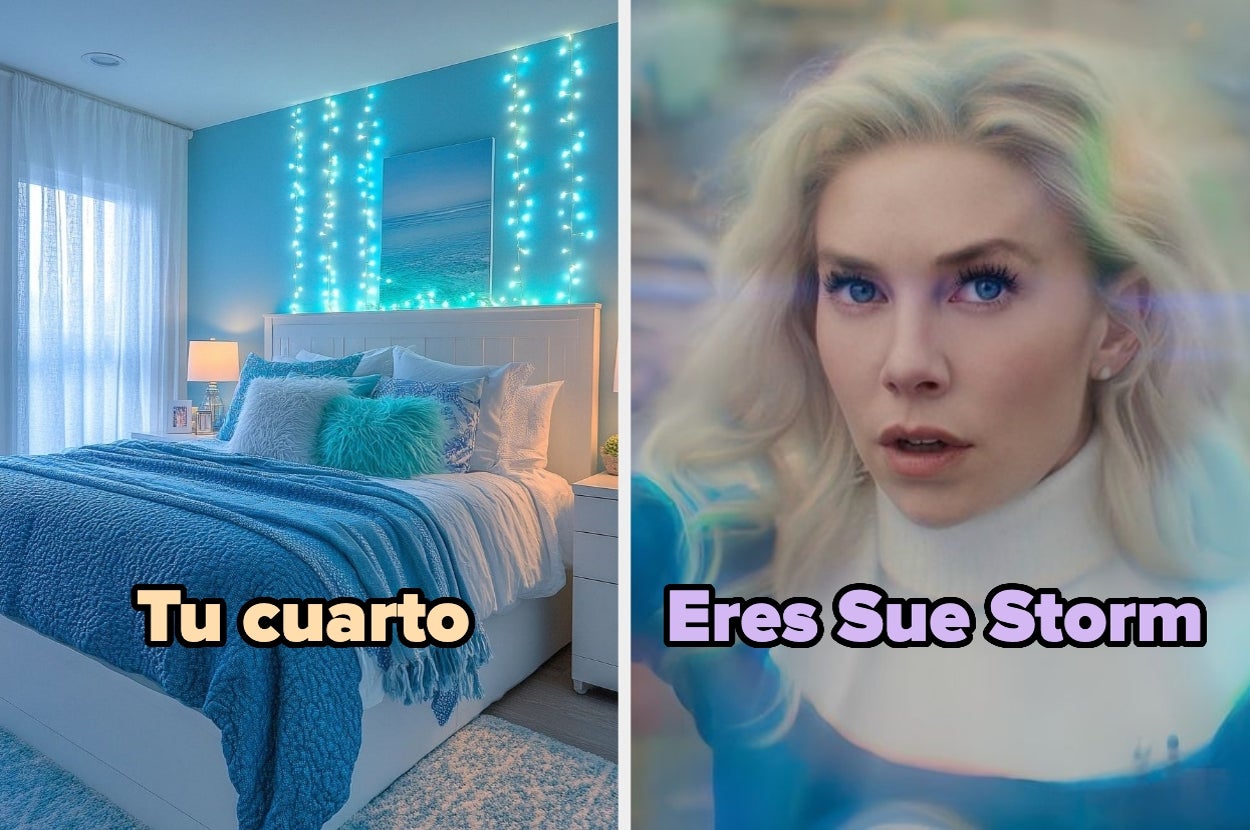 Imagen dividida: A la izquierda, un dormitorio ordenado; a la derecha, una persona con cabello suelto, simulando ser Sue Storm. Texto: "Tu cuarto" y "Eres Sue Storm"