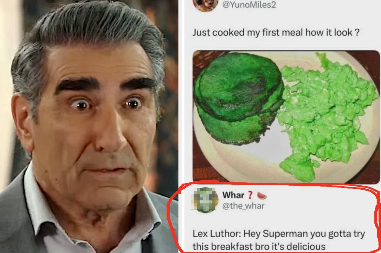 A man looks surprised at a meme of green food with humorous text comparing it to Superman trying Lex Luthor's breakfast