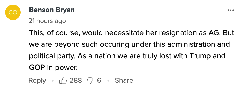 Comment criticizing the current administration, mentioning possible resignation of AG and dissatisfaction with Trump and GOP leadership