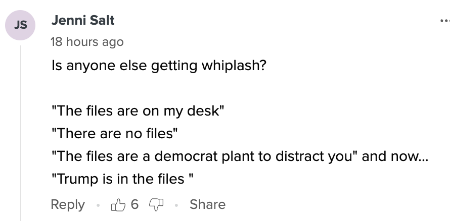 A social media post questions conflicting statements about files, ending with &quot;Trump is in the files,&quot; attracting several reactions