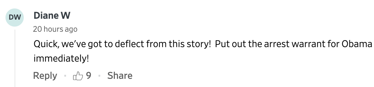 User comment joking about deflecting a story by issuing an arrest warrant