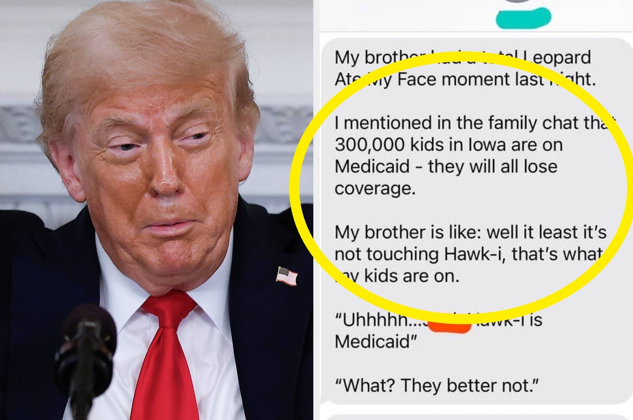 A person speaking alongside a text screenshot discussing Medicaid coverage loss for 300,000 kids in Iowa, with a humorous response about Hawk-i insurance