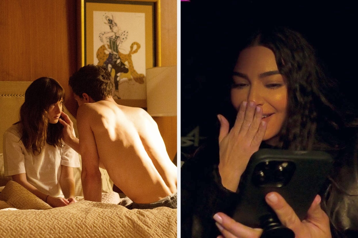 A couple intimately gazes at each other on a bed; a woman smiles, hand over mouth, looking at a phone