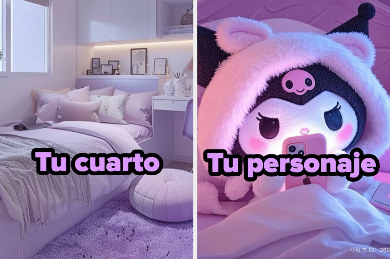 Imagen dividida: a la izquierda, una habitación ordenada; a la derecha, un personaje animado con gorro, usando un móvil. Texto: "Tu cuarto" y "Tu personaje"