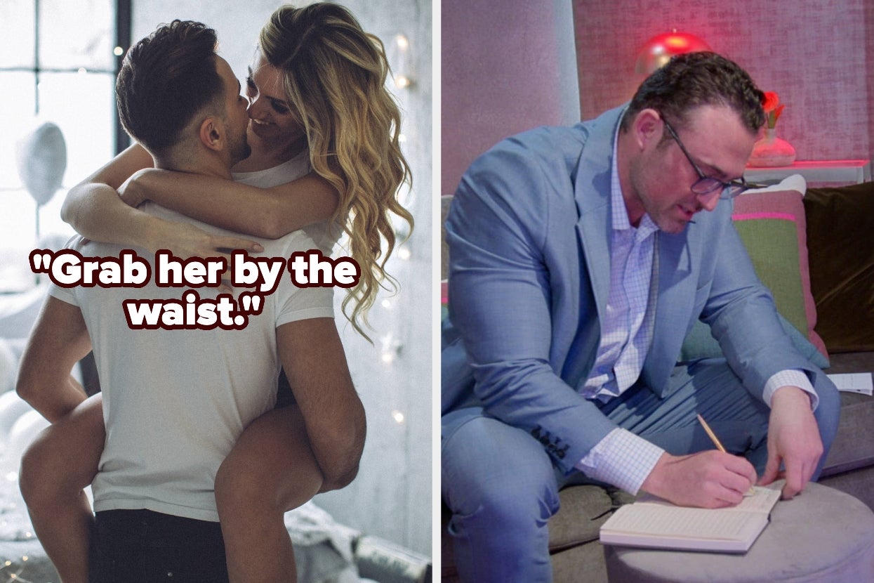 Couple embracing intimately with man holding woman; text beside. Second image: man takes notes while sitting, dressed in a suit