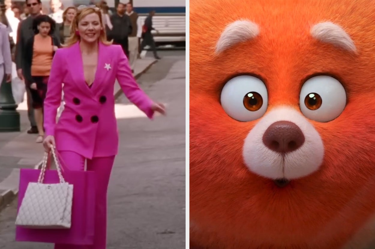 Left: Person in a stylish suit with matching bags walking outdoors. Right: Close-up of an animated, fluffy orange character with wide eyes