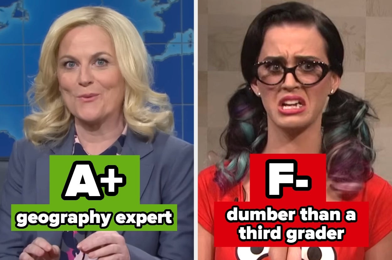 Split image: Left woman labeled "A+ geography expert"; right woman labeled "F- dumber than a third grader." It's comedic commentary
