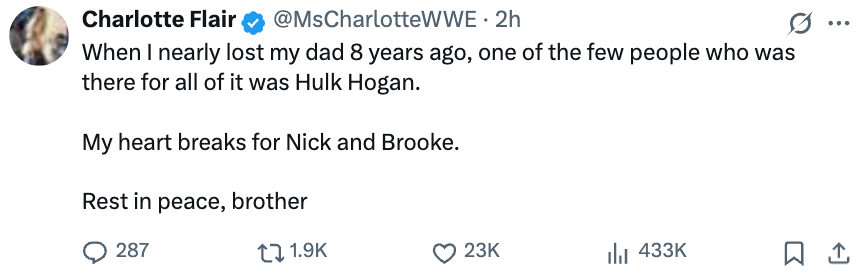 Tweet by Charlotte Flair expressing gratitude to Hulk Hogan for support 8 years ago and expressing condolences for Nick and Brooke