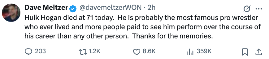 Tweet announcing the death of a famous pro wrestler at 71, highlighting his popularity and impact