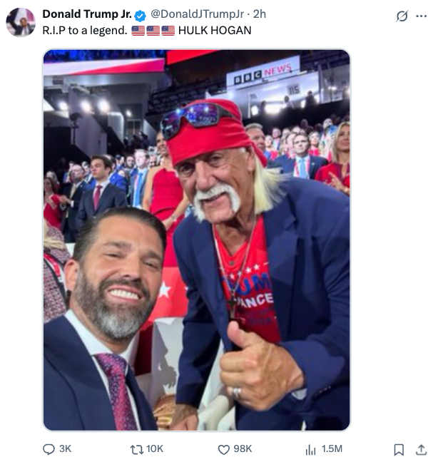 Donald Trump Jr and Hulk Hogan pose at an event