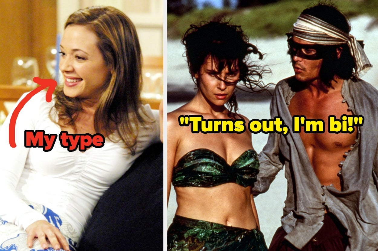 Two images: Woman smiling with text "My type." Second image shows two pirates with text saying, "Turns out, I'm bi"