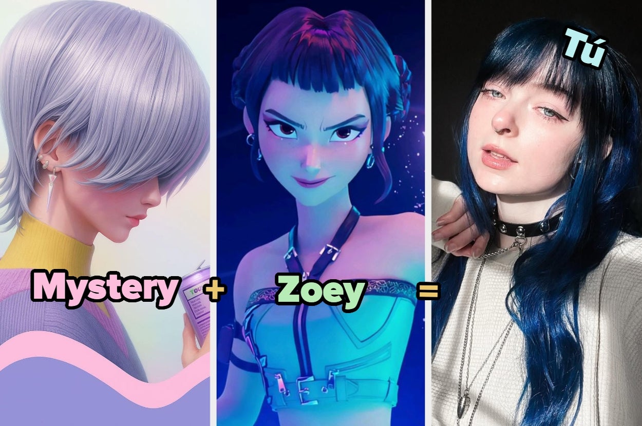 Stylized illustration with three images: a mystery character, a confident animated character, and a person with blue-black hair. Text reads: "Mystery + Zoey = Tú."
