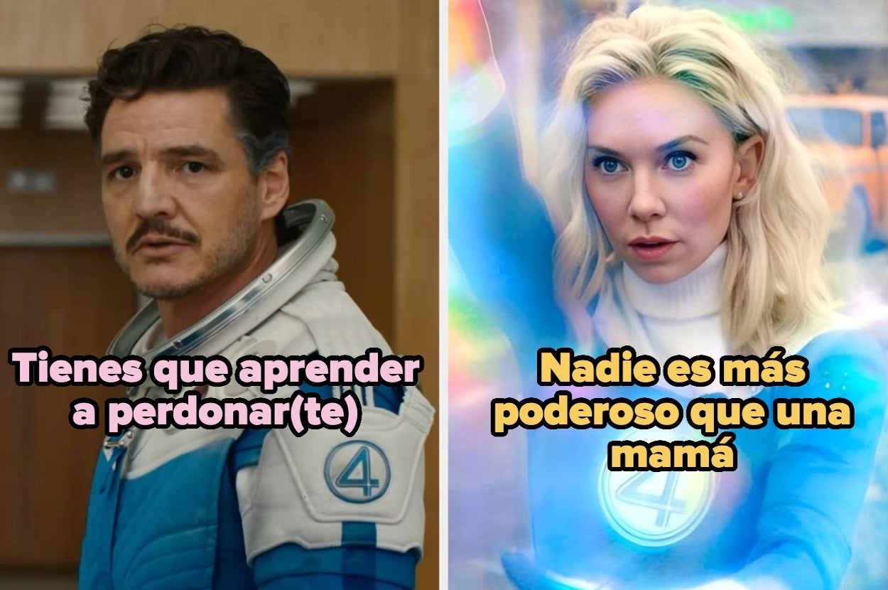Imagen dividida en dos personajes disfrazados: izquierda con traje blanco y azul, y derecha con pelo rubio radiante. Texto humorístico superpuesto