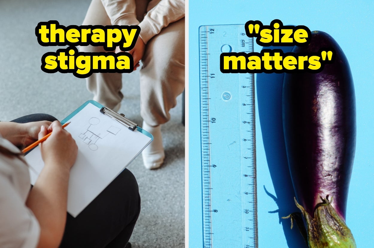 Left: Person taking notes in a therapy session. Right: Eggplant next to a ruler, highlighting "size matters" concept