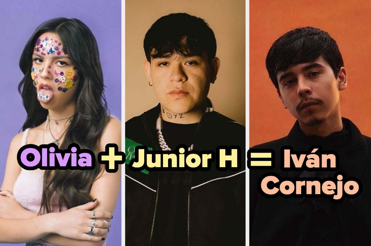 Montaje humorístico: Olivia con cara cubierta de stickers, Junior H con ropa casual, e Iván Cornejo en un fondo simple con expresión seria