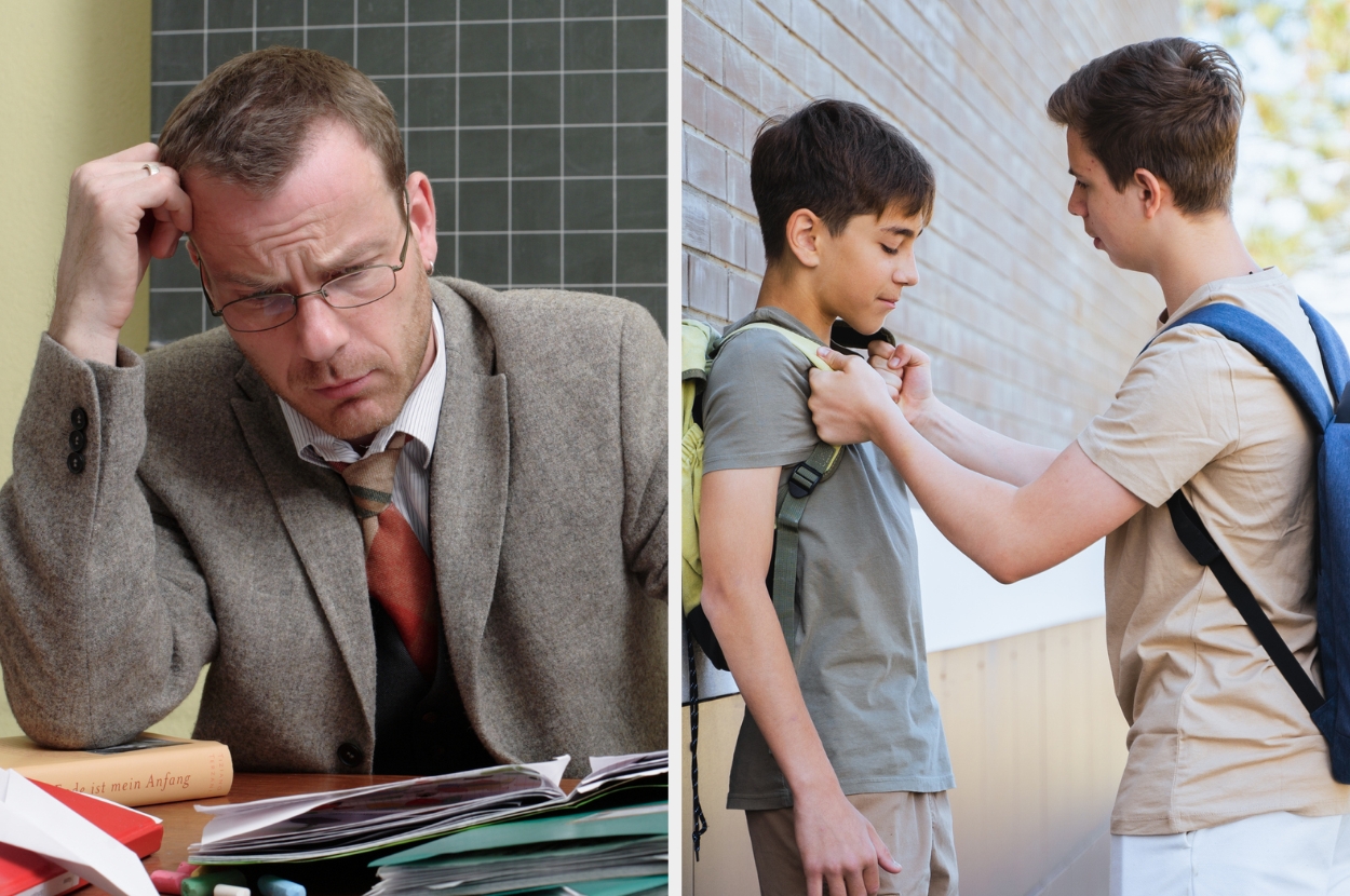Man in classroom looks frustrated at papers; a teenager picks up another smaller teen by the backpack straps