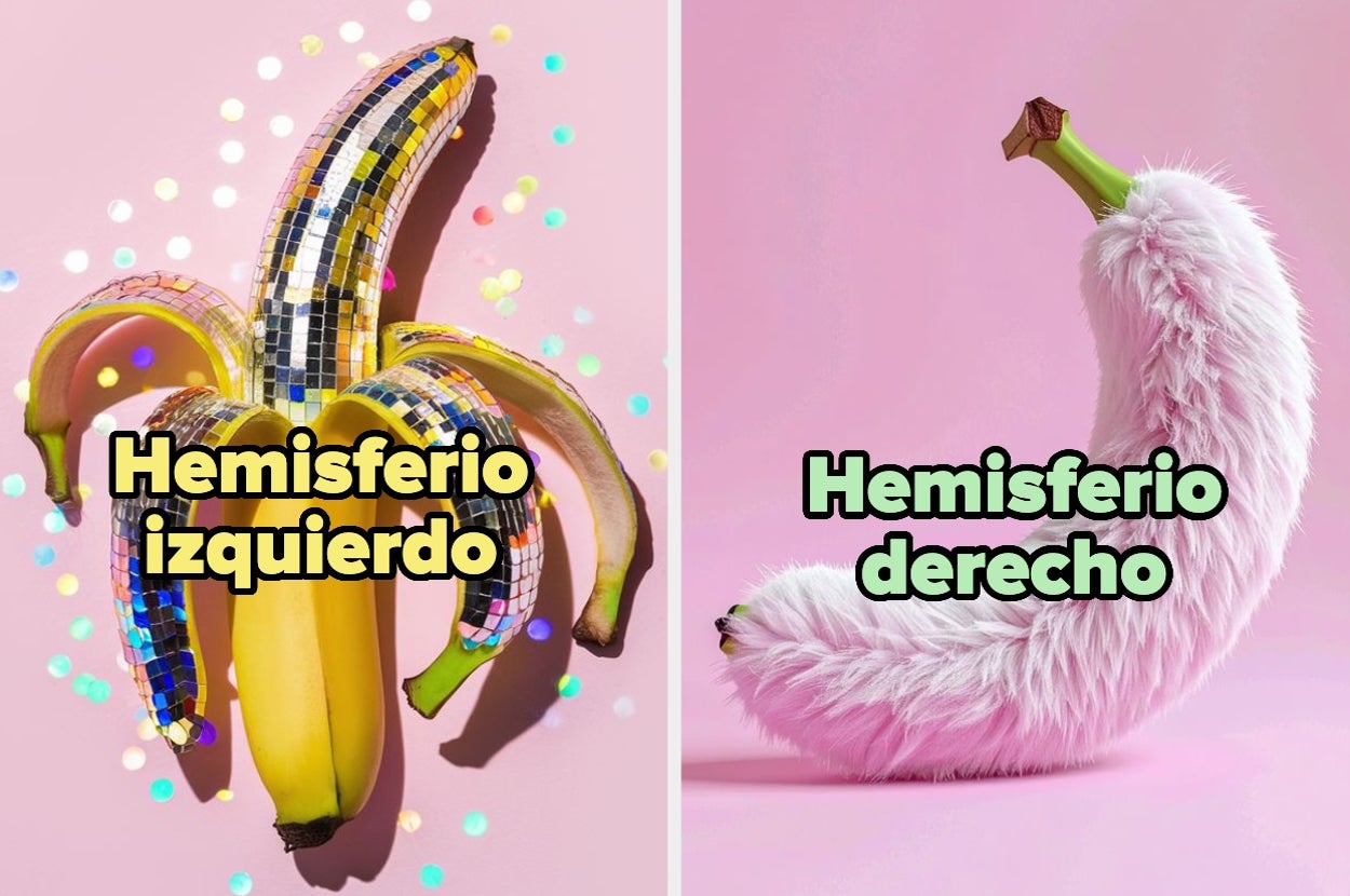 Split image: Left side shows a banana with mirrored squares (Hemisferio izquierdo); right side shows a banana covered in pink fur (Hemisferio derecho)