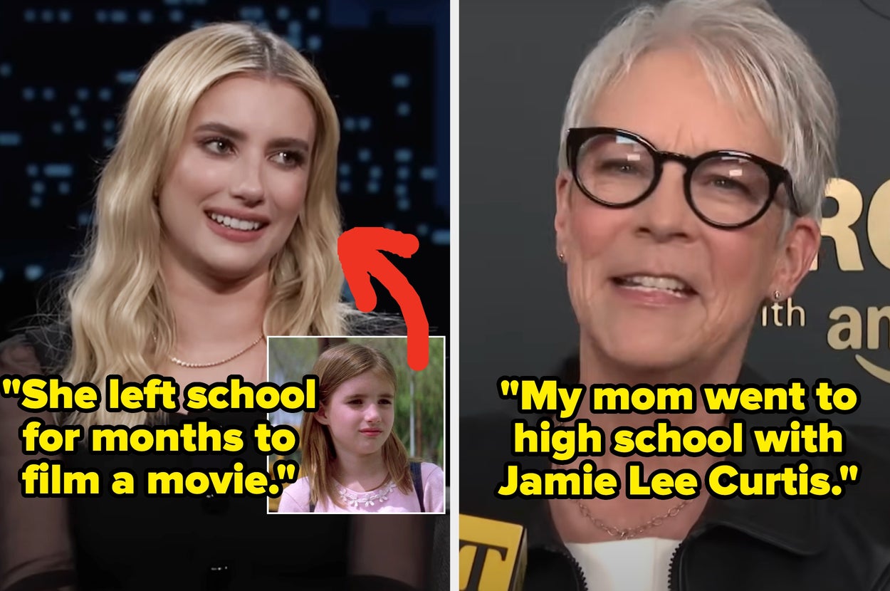 Left: Emma Roberts with caption: "She left school for months to film a movie;" Right: Jamie Lee Curtis with caption: "My mom went to high school with Jamie Lee Curtis"