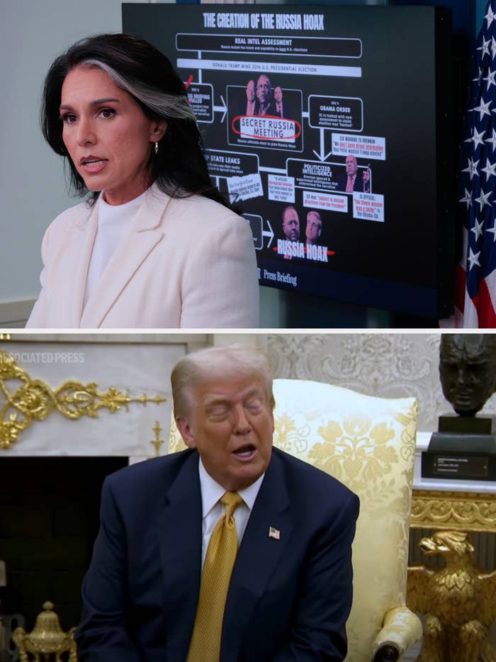Woman in white blazer speaks at press briefing with a screen displaying a flowchart titled &quot;The Creation of the Russia Hoax&quot; behind her