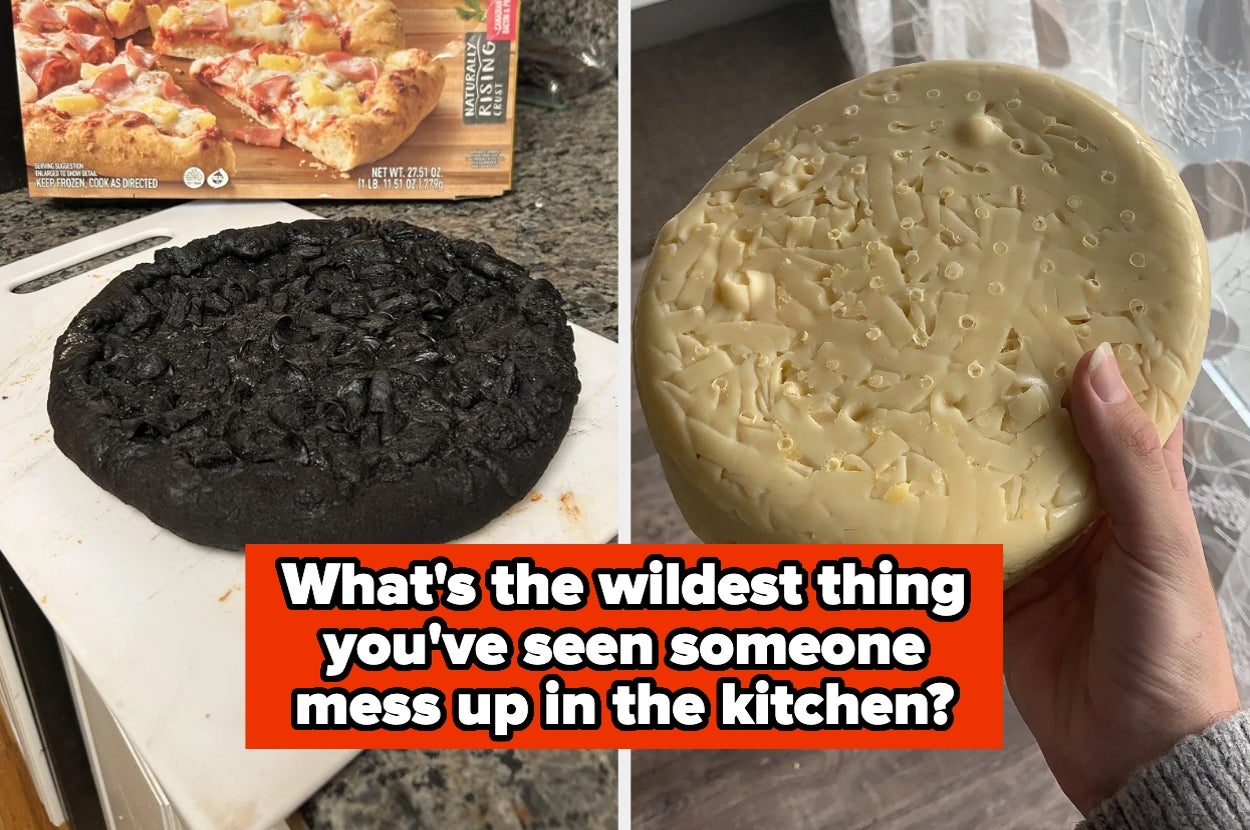 Left: Overcooked pizza on a cutting board. Right: Hand holding uncooked dough. Text asks about kitchen mishaps